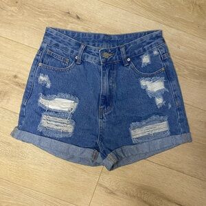 SHEIN Distressed Rolled-Hem Blue Denim Shorts